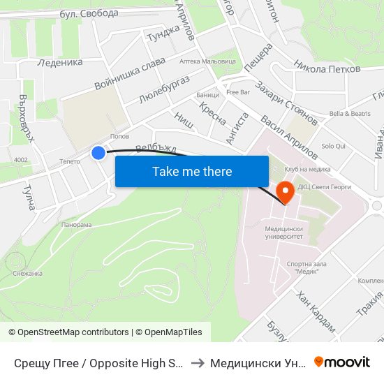 Срещу Пгее / Opposite High School Of Electrical Engineering And Electronics (153) to Медицински Университет (Medical University) map