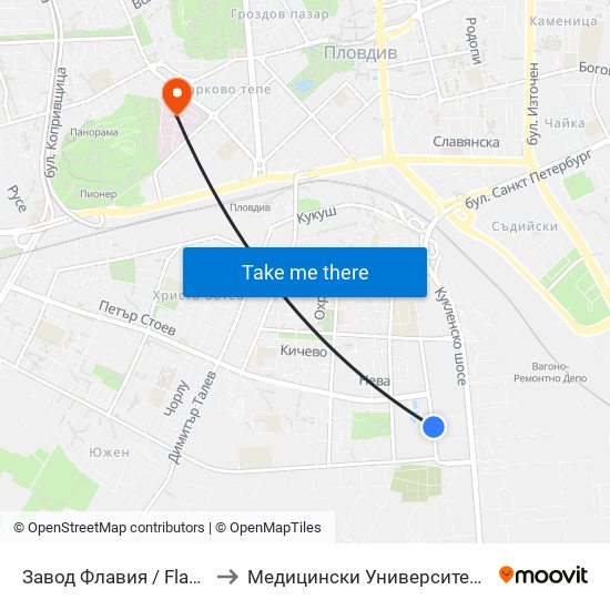 Завод Флавия / Flavia Factory (325) to Медицински Университет (Medical University) map