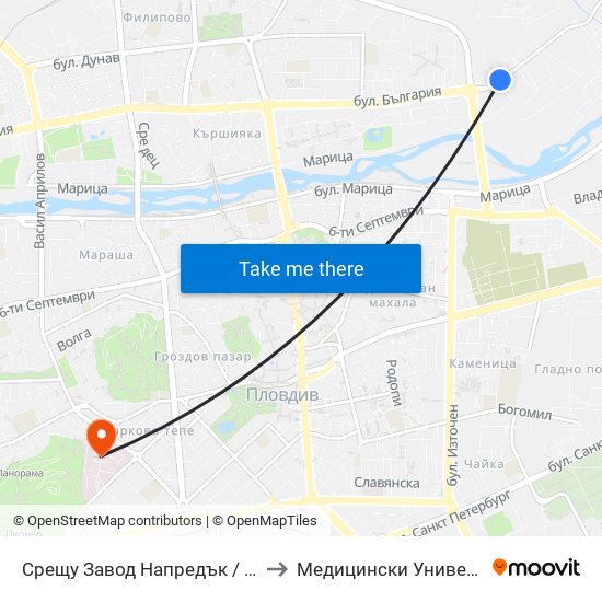 Срещу Завод Напредък / Opposite Napredak Factory (183) to Медицински Университет (Medical University) map