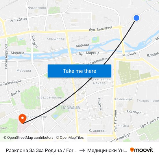 Разклона За Зха Родина / Fork Road To Rodina Paper And Packaging Factory (211) to Медицински Университет (Medical University) map