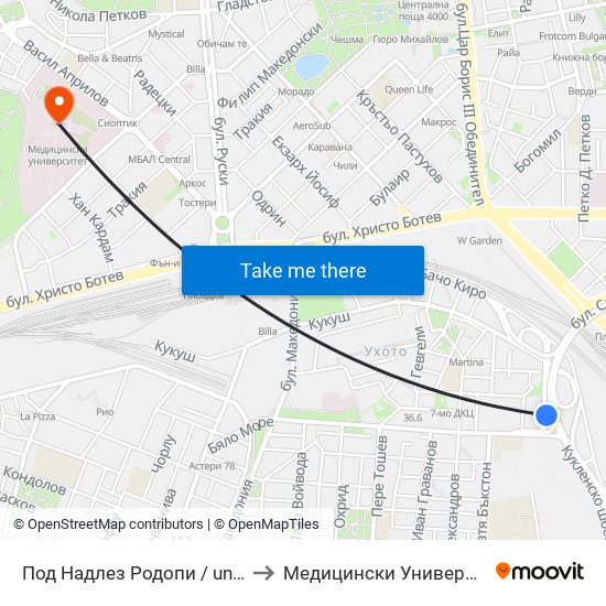 Под Надлез Родопи / under Rodopi Overpass (382) to Медицински Университет (Medical University) map