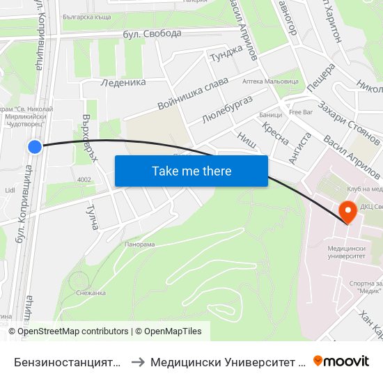 Бензиностанцията - Изток (439) to Медицински Университет (Medical University) map