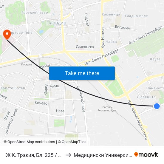 Ж.К. Тракия, Бл. 225 / Trakiya Qr, Bl. 225 (403) to Медицински Университет (Medical University) map