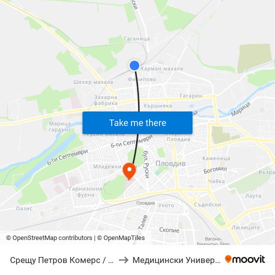 Срещу Петров Комерс / Opposite Petrov Komers (455) to Медицински Университет (Medical University) map