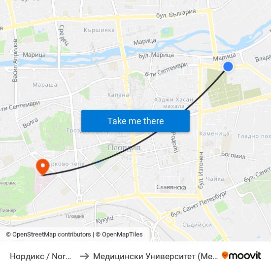 Нордикс / Nordiks (166) to Медицински Университет (Medical University) map