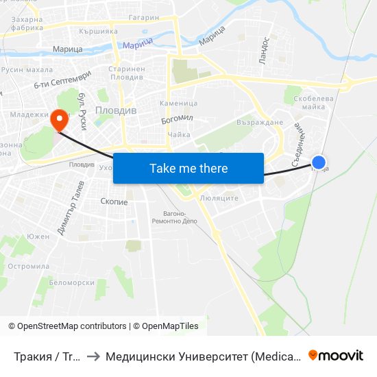 Тракия / Trakiya to Медицински Университет (Medical University) map