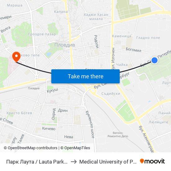 Парк Лаута / Lauta Park (235) to Medical University of Plovdiv map