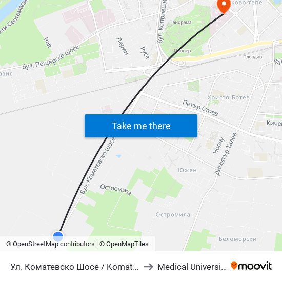 Ул. Коматевско Шосе / Komatevsko Shosse St.  (30) to Medical University of Plovdiv map