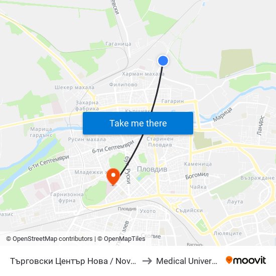Търговски Център Нова / Nova Shopping Centre (228) to Medical University of Plovdiv map