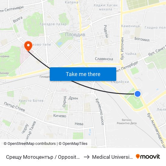 Срещу Мотоцентър / Opposite Motocentrum (104) to Medical University of Plovdiv map