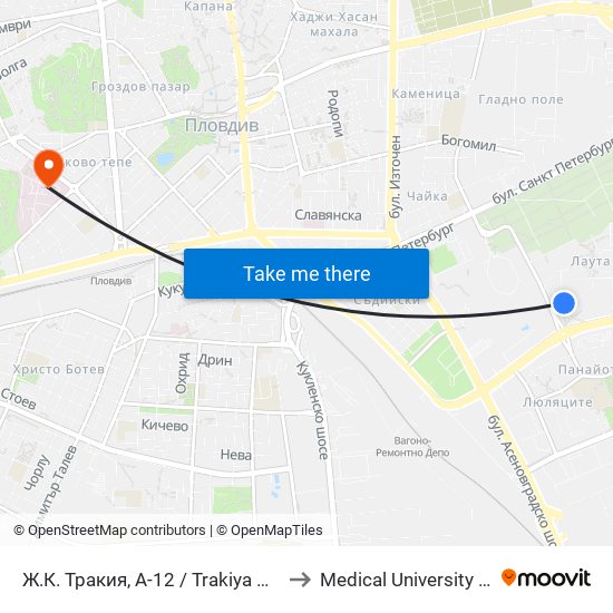 Ж.К. Тракия, А-12 / Trakiya Qr, A-12 (1011) to Medical University of Plovdiv map