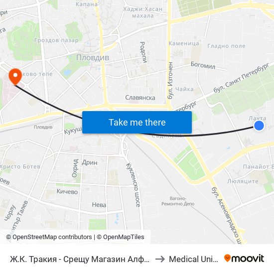 Ж.К. Тракия - Срещу Магазин Алфина / Trakiya Qr, Opposite Alfina Store (404) to Medical University of Plovdiv map
