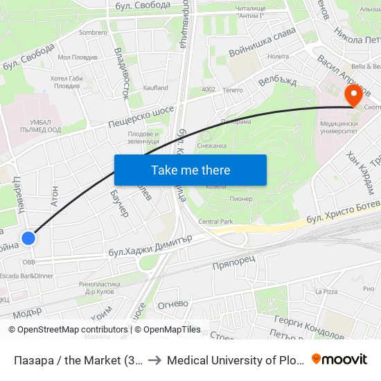 Пазара / the Market (390) to Medical University of Plovdiv map