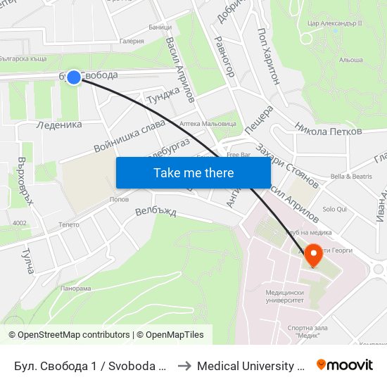 Бул. Свобода 1 / Svoboda Blvd. 1 (245) to Medical University of Plovdiv map