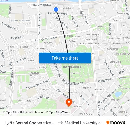 Цкб / Central Cooperative Bank (384) to Medical University of Plovdiv map