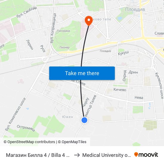 Магазин Билла 4 / Billa 4 Store (420) to Medical University of Plovdiv map
