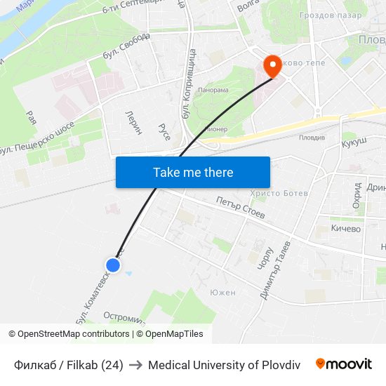 Филкаб / Filkab (24) to Medical University of Plovdiv map