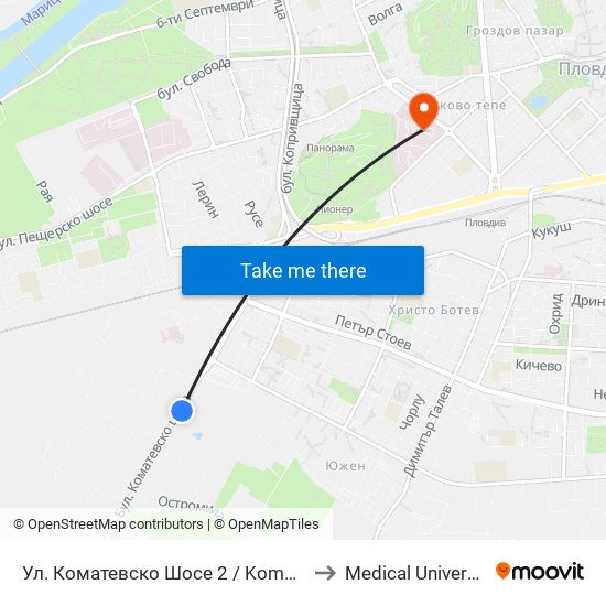 Ул. Коматевско Шосе 2 / Komatevsko Shosse St. 2 (33) to Medical University of Plovdiv map