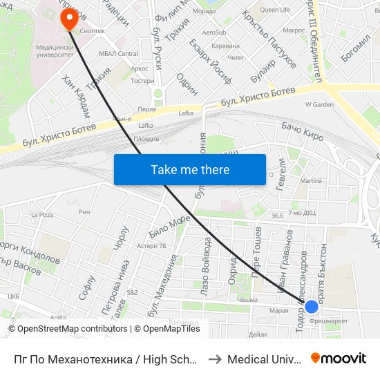 Пг По Механотехника / High School Of Mechanical Engineering (290) to Medical University of Plovdiv map