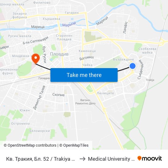 Кв. Тракия, Бл. 52 / Trakiya Qr, Bl. 52 (365) to Medical University of Plovdiv map