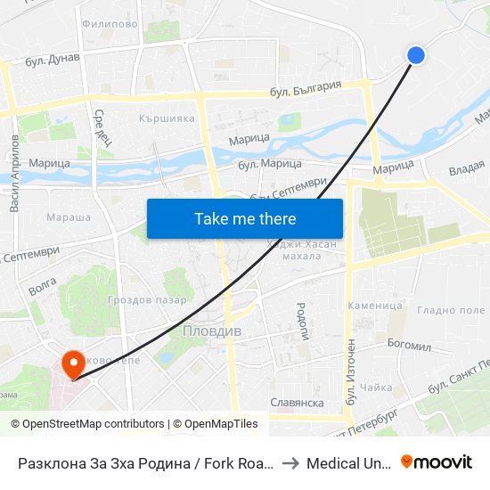 Разклона За Зха Родина / Fork Road To Rodina Paper And Packaging Factory (211) to Medical University of Plovdiv map