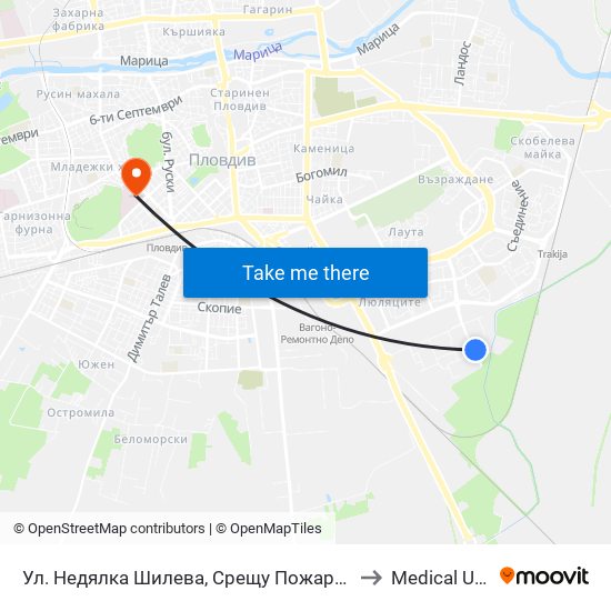 Ул. Недялка Шилева, Срещу Пожарната / Nedyalka Shileva St, Opposite the Fire Station  (434) to Medical University of Plovdiv map