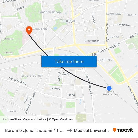 Вагонно Депо Пловдив / Train Depot Plovdiv to Medical University of Plovdiv map