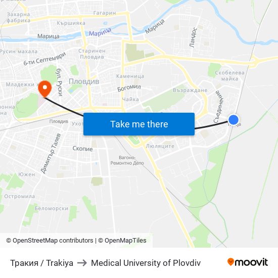 Тракия / Trakiya to Medical University of Plovdiv map