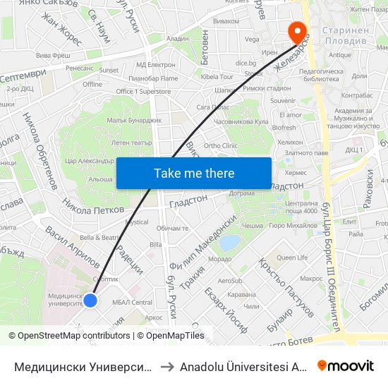 Медицински Университет / Medical University to Anadolu Üniversitesi AÖF Bulgaristan bürosu map