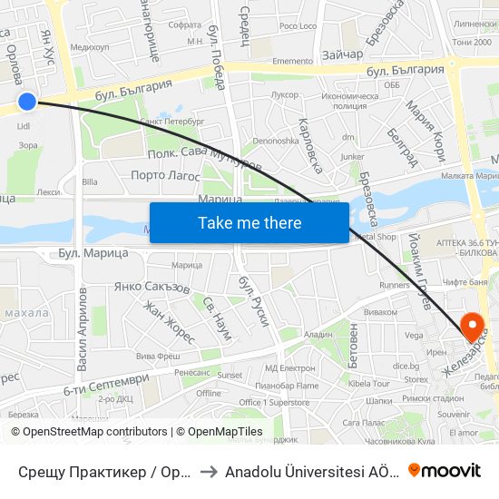 Срещу Практикер / Opposite Praktiker (92) to Anadolu Üniversitesi AÖF Bulgaristan bürosu map
