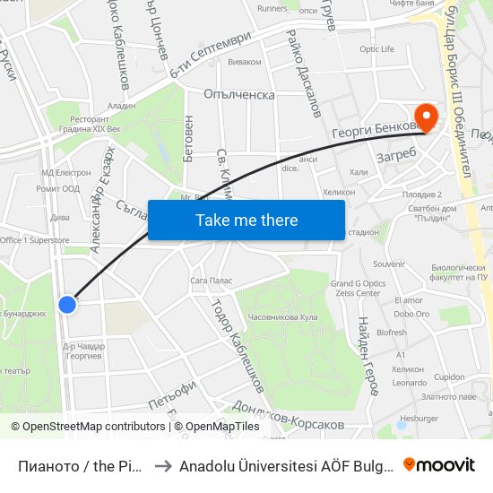 Пианото / the Piano (156) to Anadolu Üniversitesi AÖF Bulgaristan bürosu map