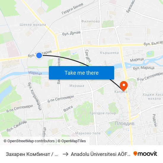 Захарен Комбинат / Sugar Factory (96) to Anadolu Üniversitesi AÖF Bulgaristan bürosu map