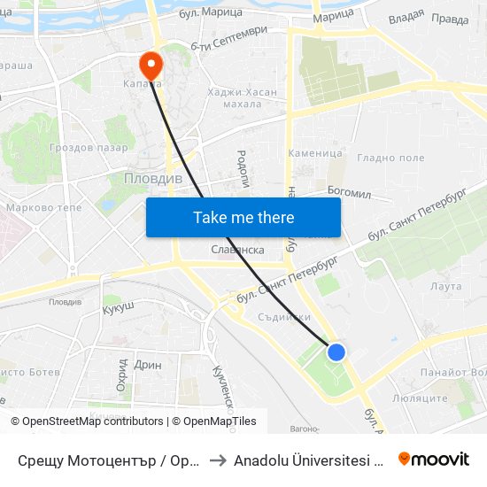 Срещу Мотоцентър / Opposite Motocentrum (104) to Anadolu Üniversitesi AÖF Bulgaristan bürosu map