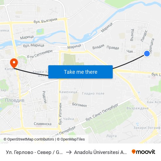 Ул. Герлово - Север / Gerlovo St - North (430) to Anadolu Üniversitesi AÖF Bulgaristan bürosu map