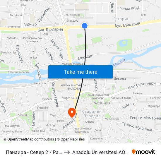 Панаира - Север 2 / Panaira - North 2 (186) to Anadolu Üniversitesi AÖF Bulgaristan bürosu map