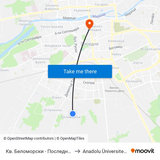 Кв. Беломорски - Последна / Belomorski Qr - Last Stop (1014) to Anadolu Üniversitesi AÖF Bulgaristan bürosu map