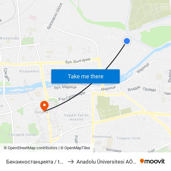 Бензиностанцията / the Gas Station (181) to Anadolu Üniversitesi AÖF Bulgaristan bürosu map