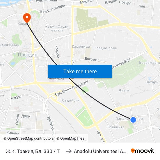 Ж.К. Тракия, Бл. 330 / Trakiya Qr, Bl. 330 (358) to Anadolu Üniversitesi AÖF Bulgaristan bürosu map