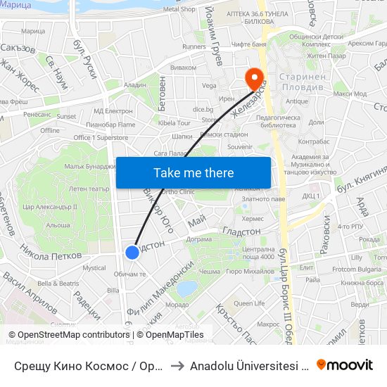 Срещу Кино Космос / Opposite Kosmos Cinema (247) to Anadolu Üniversitesi AÖF Bulgaristan bürosu map