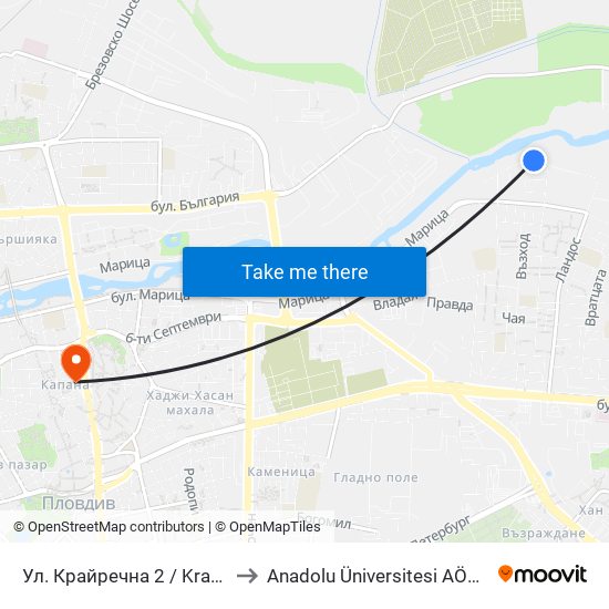 Ул. Крайречна 2 / Krayrechna St. 2 (410) to Anadolu Üniversitesi AÖF Bulgaristan bürosu map