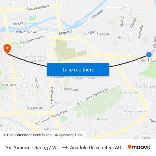 Ул. Уилсън - Запад / Wilson St - West (400) to Anadolu Üniversitesi AÖF Bulgaristan bürosu map