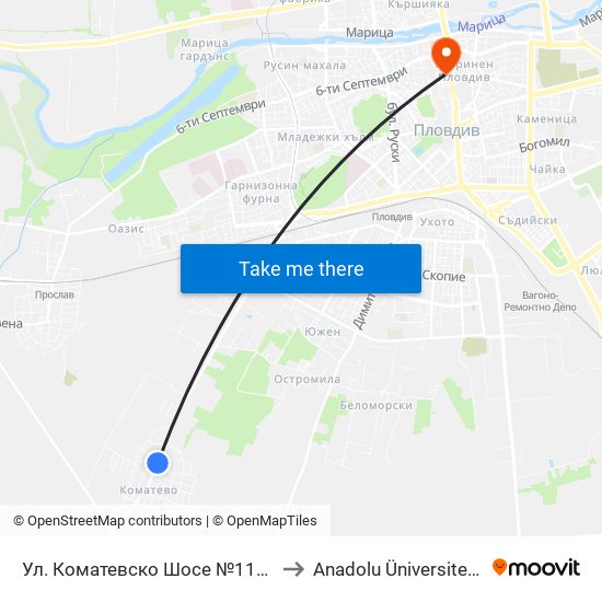 Ул. Коматевско Шосе №113 / 113 Komatevsko Shosse St. (417) to Anadolu Üniversitesi AÖF Bulgaristan bürosu map