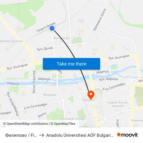 Филипово / Filipovo to Anadolu Üniversitesi AÖF Bulgaristan bürosu map