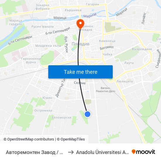 Авторемонтен Завод / Auto Repair Factory (472) to Anadolu Üniversitesi AÖF Bulgaristan bürosu map