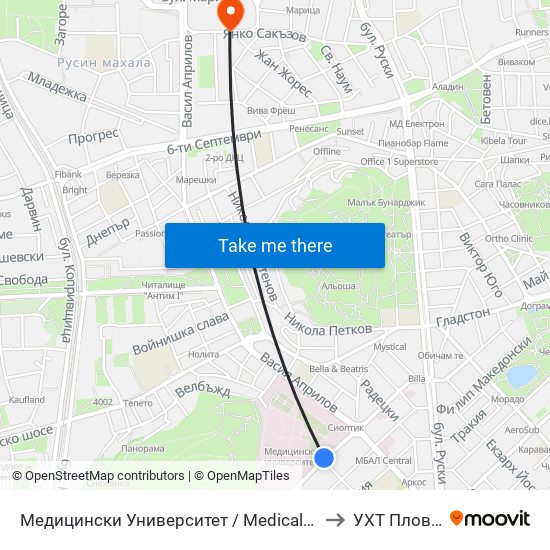 Медицински Университет / Medical University to УХТ Пловдив map