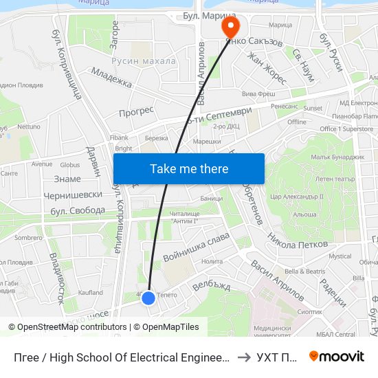 Пгее / High School Of Electrical Engineering And Electronics (171) to УХТ Пловдив map