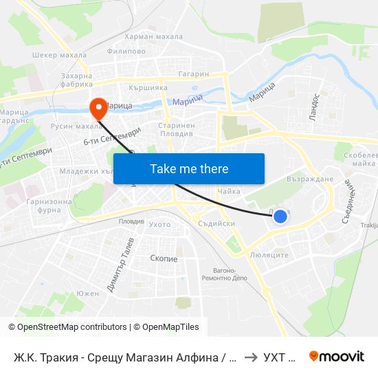 Ж.К. Тракия - Срещу Магазин Алфина / Trakiya Qr, Opposite Alfina Store (404) to УХТ Пловдив map
