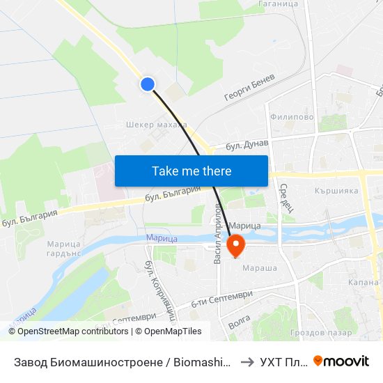 Завод Биомашиностроене / Biomashinostroene Factory (1017) to УХТ Пловдив map