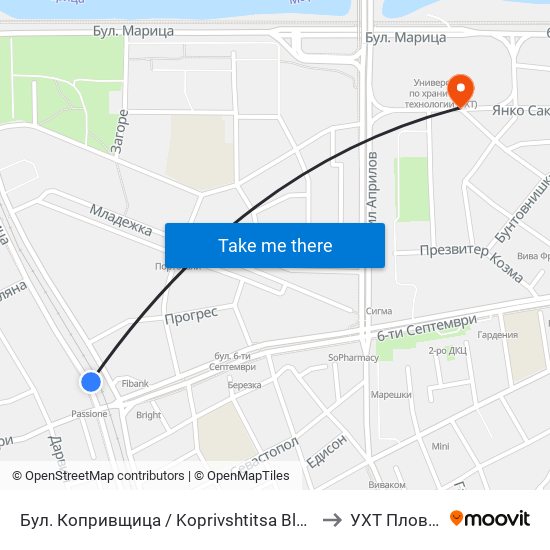 Бул. Копривщица / Koprivshtitsa Blvd. (372) to УХТ Пловдив map