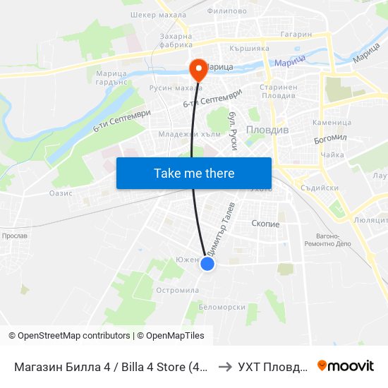 Магазин Билла 4 / Billa 4 Store (420) to УХТ Пловдив map